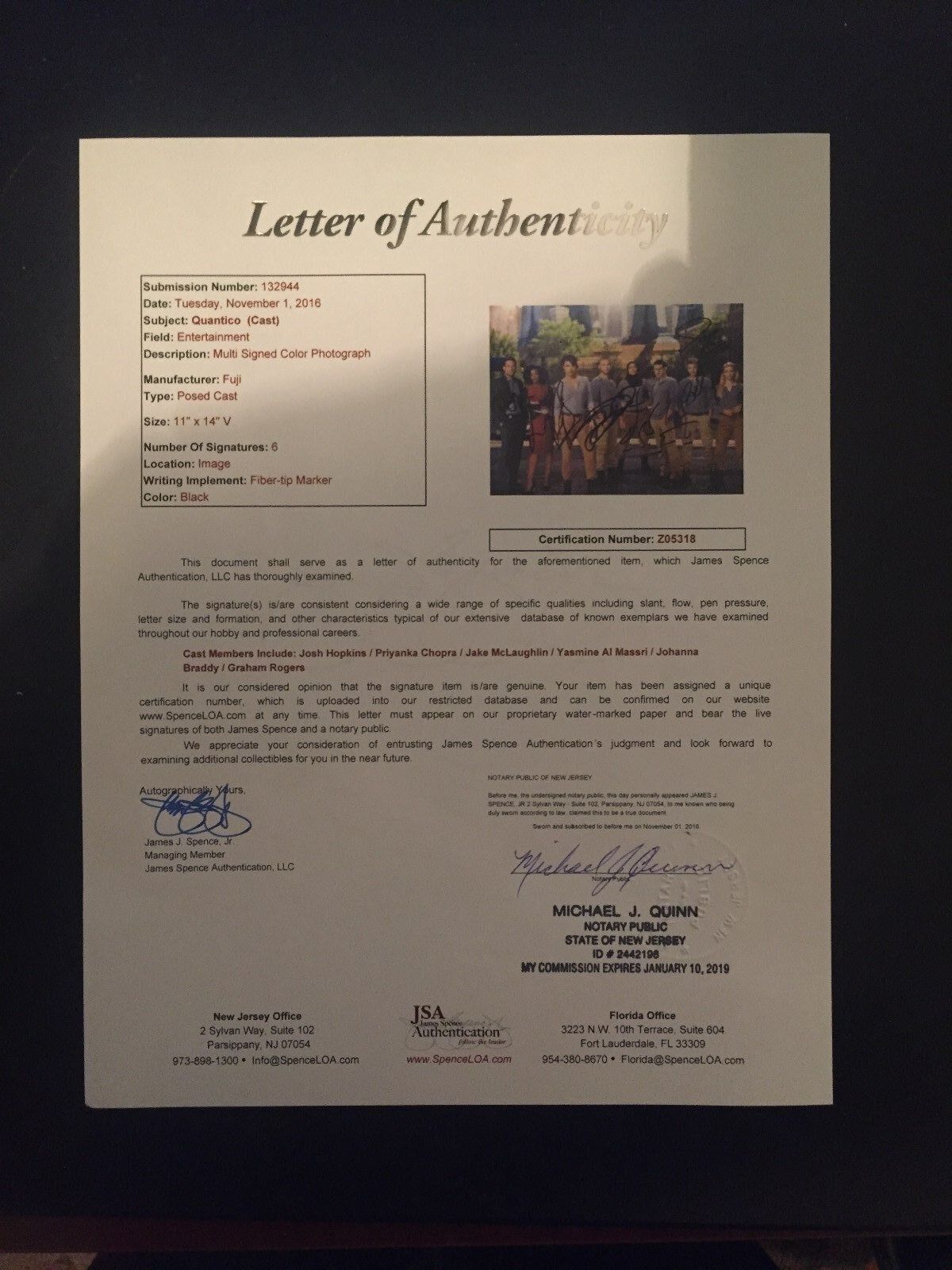 Autographed Quantico cast signed 11x14 w/JSA Priyanka Chopra Johanna Braddy