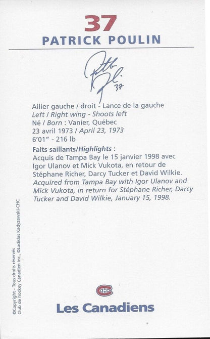 Autographed Patrick Poulin Montreal Canadiens Postcard Original