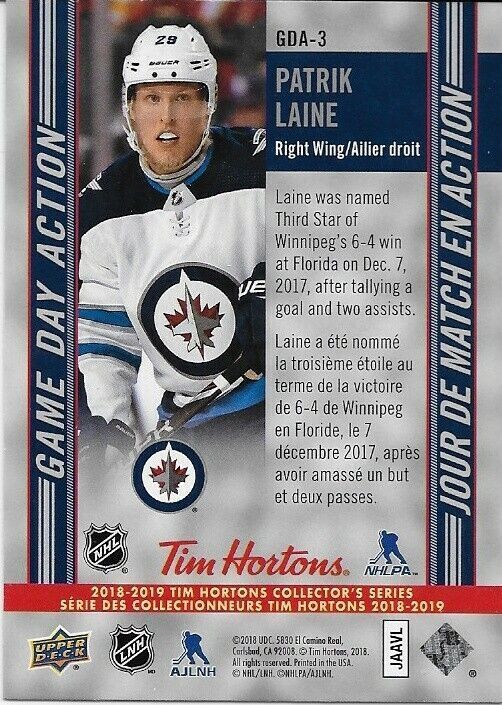 Autographed 18/19 UD Tim Hortons Game Day Action Winnipeg Jets Patrik Laine Card