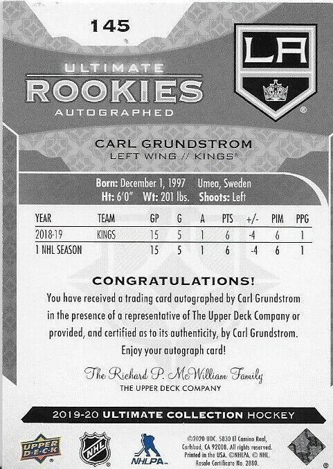 2019-20 Upper Deck Ultimate Rookie Autographed Carl Grundstrom 233/299