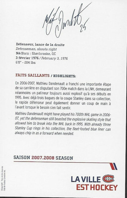 Autographed Mathieu Dandenault Montreal Canadiens Postcard 2007-08 Original
