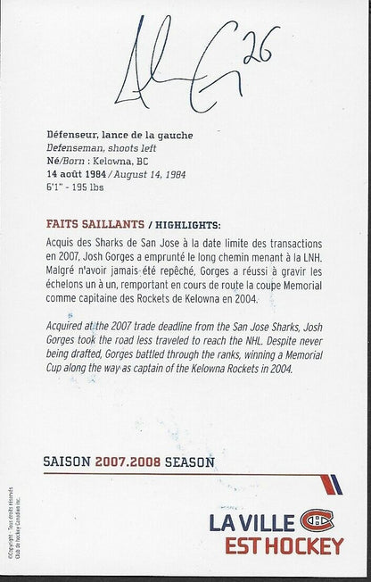 Autographed Josh Gorges Montreal Canadiens Postcard 2007-08 Original