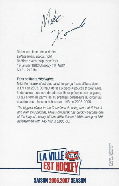 Autographed Mike Komisarek Montreal Canadiens Postcard 2006-07 Original