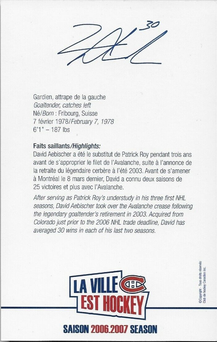 Carte postale originale autographiée par David Aebischer des Canadiens de Montréal 2006-07