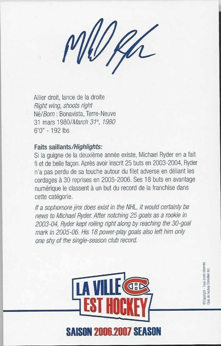 Carte postale originale autographiée par Michael Ryder des Canadiens de Montréal 2006-07
