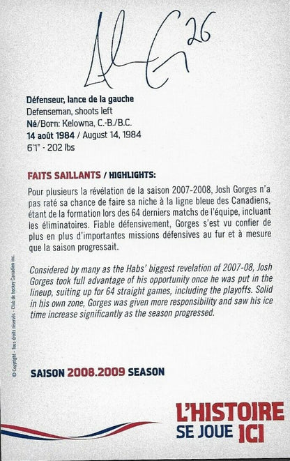 Carte postale originale autographiée par Josh Gorges des Canadiens de Montréal 2008-09