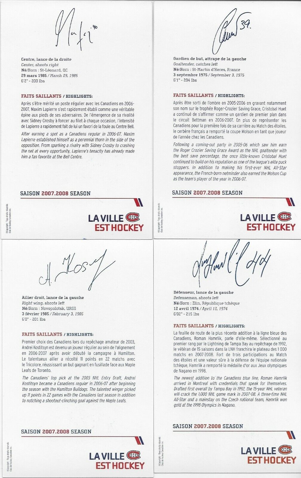 23 Autographed Price Koivu Huet Montreal Canadiens Postcard 2007-08 Original +2