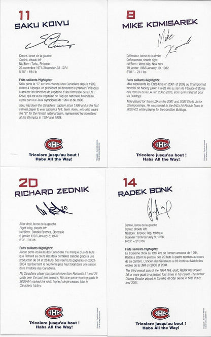 21 Auto. Koivu Zednik Huet Montreal Canadiens Postcard Set 2005-06 Original +3