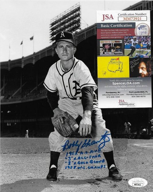 Auto. Kansas City Athletics Bobby Shantz 8x10 Photo with JSA and 4 Inscriptions