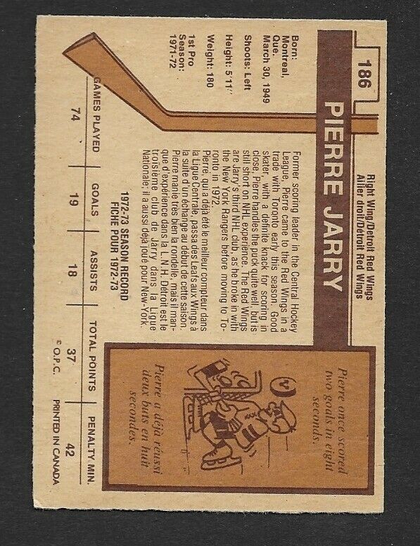 Carte autographiée de Pierre Jarry Pistol Pete O-Pee-Chee des Red Wings de Détroit 1973-74