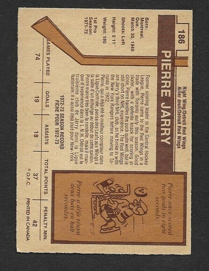 Carte autographiée de Pierre Jarry Pistol Pete O-Pee-Chee des Red Wings de Détroit 1973-74