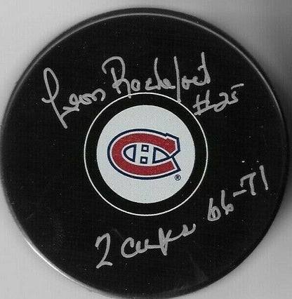 Auto. Montreal Canadiens Leon Rochefort Puck Original Inscribed 2 Cups 66-71