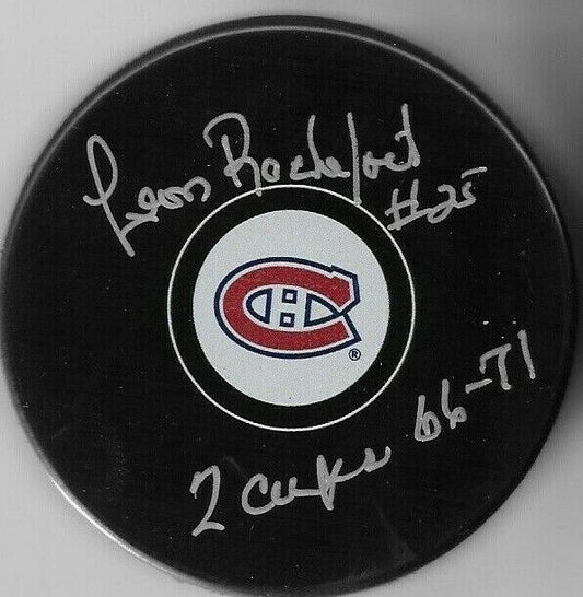Auto. Montreal Canadiens Leon Rochefort Puck Original Inscribed 2 Cups 66-71