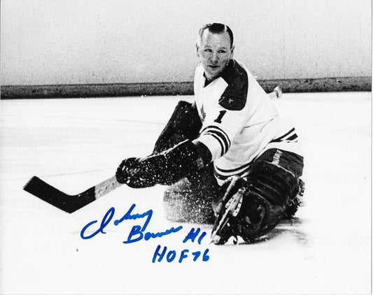 Auto. Toronto Maple Leafs Johnny Bower 8x10 Photo with Hall of Fame Inscription