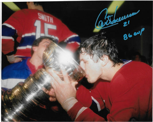 Signed Guy Carbonneau Montreal Canadiens 8x10 Photo #5 with 86 Cup Inscription