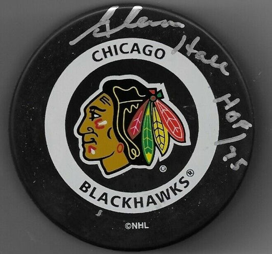 Auto. Chicago Blackhawks Glenn Hall Official Game Puck with JSA Authentication