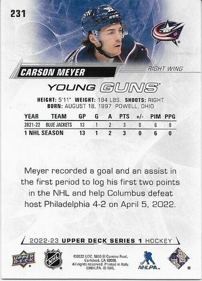 Carte de recrue autographiée UD Columbus Blue Jackets Young Guns Carson Meyer 2022-23