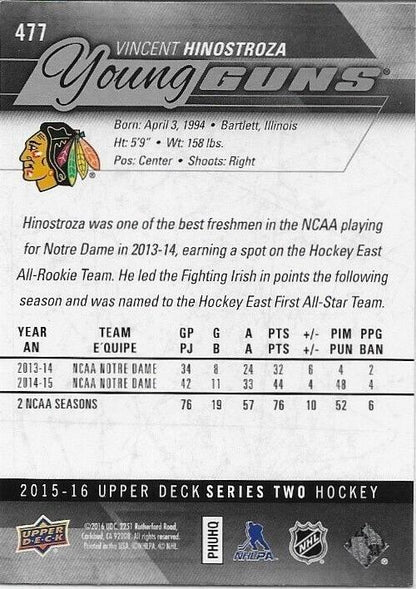 Autographed 15-16 UD Chicago Blackhawks Young Guns Vincent Hinostroza Rookie Crd