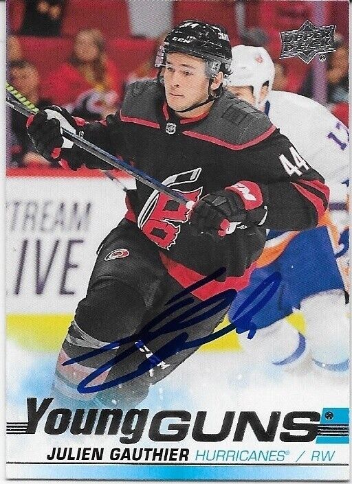 Autographed 2019-20 UD Carolina Hurricanes Young Guns Julien Gauthier Rookie Crd