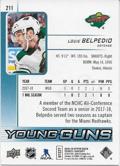 Carte de recrue autographiée UD 2018-19 de Louie Belpedio des Young Guns du Minnesota Wild