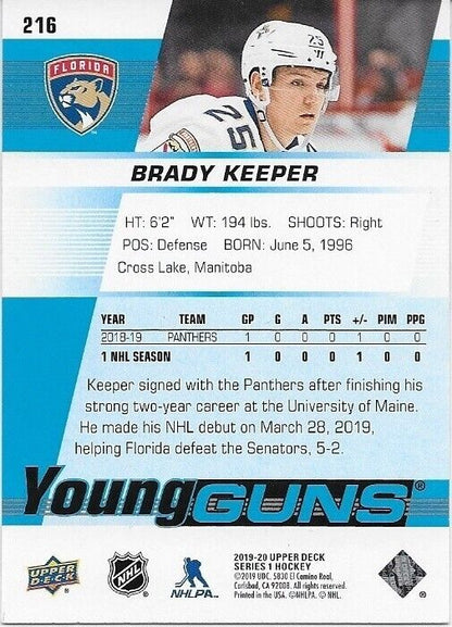 Carte de recrue gardienne Brady Young Guns des Florida Panthers 2019-20 autographiée