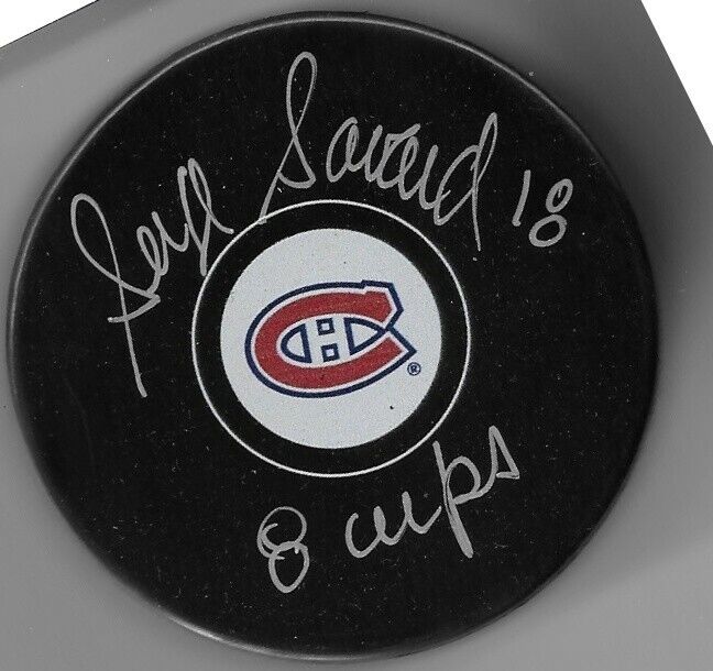 Autographed Montreal Canadiens Hall of Famer Serge Savard Puck Inscribed 8 Cups