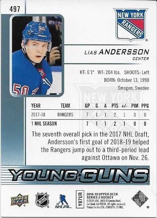 Autographed 18-19 UD New York Rangers Young Guns Lias Andersson Rookie Card