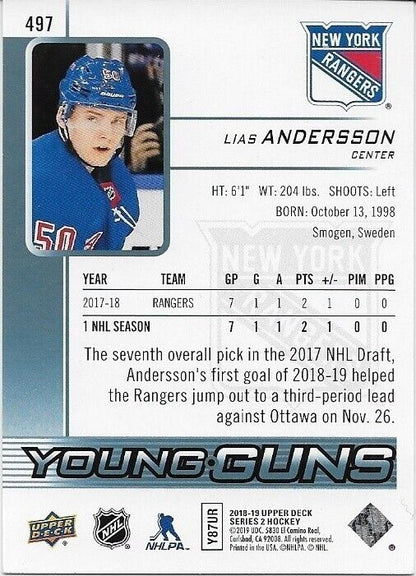 Autographed 18-19 UD New York Rangers Young Guns Lias Andersson Rookie Card