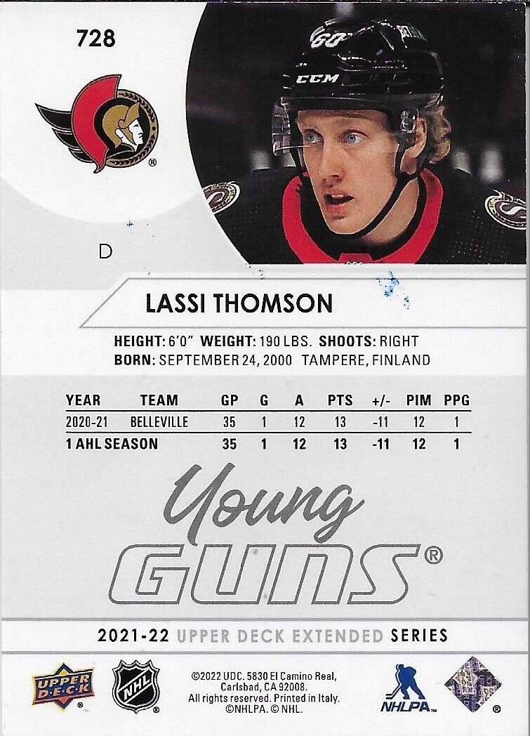 Carte autographiée 21-22 Upper Deck des Sénateurs d'Ottawa Young Guns Lassi Thomson Rookie Crd