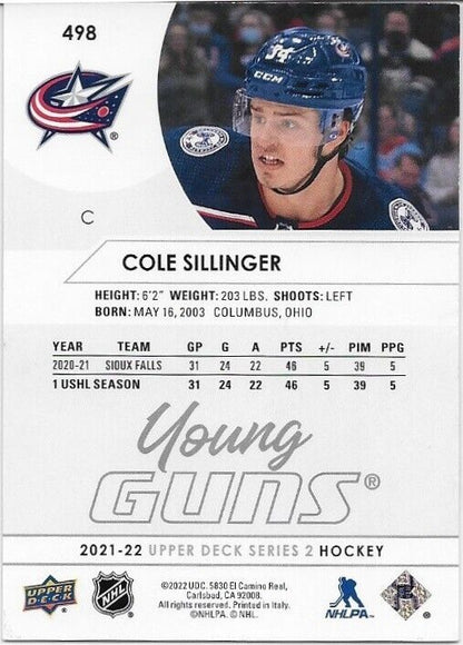 Carte de recrue autographiée Cole Sillinger Young Guns des Blue Jackets de Columbus 21-22