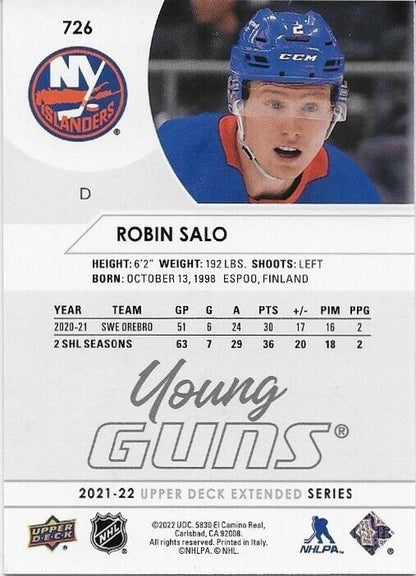 Autographed 2021-22 UD New York Islanders  Robin Salo Young Guns Rookie Card