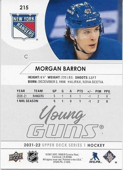 Autographed 2021-22 Upper Deck New York Rangers Morgan Barron Young Guns Card