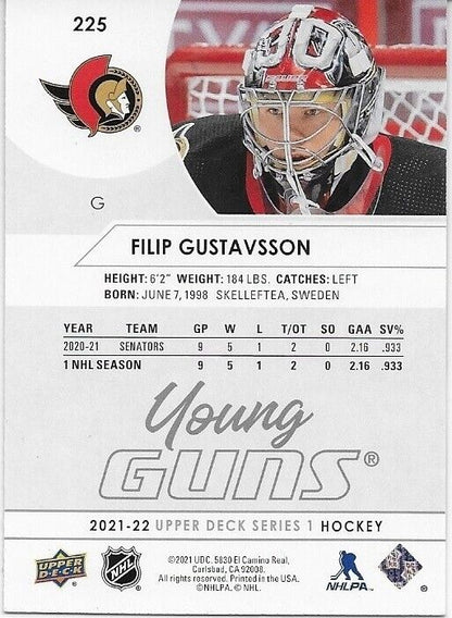 Autographed 2021-22 UD Ottawa Senators Filip Gustavsson Young Guns Rookie Card