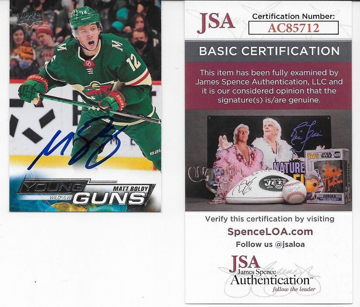 Autographed 2022-23 UD Minnesota Wild Matt Boldy Young Guns Rookie Card with JSA
