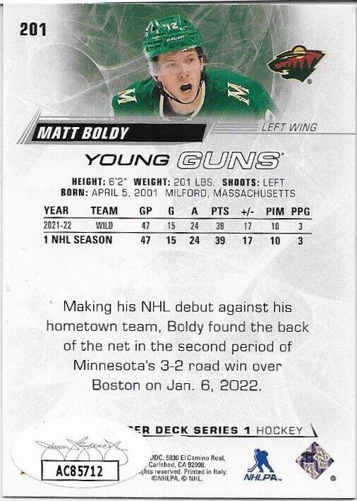 Autographed 2022-23 UD Minnesota Wild Matt Boldy Young Guns Rookie Card with JSA