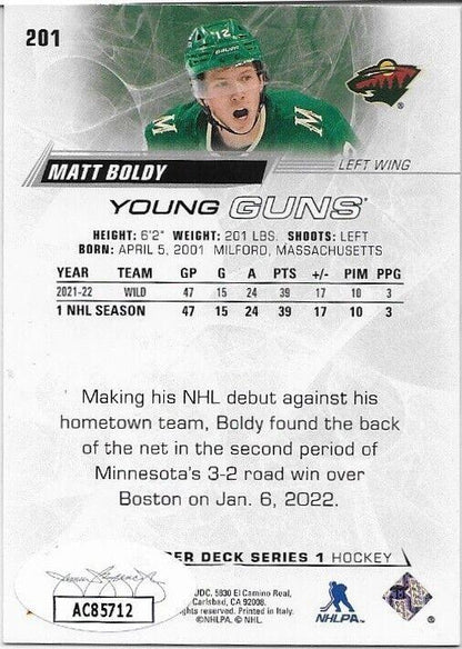Autographed 2022-23 UD Minnesota Wild Matt Boldy Young Guns Rookie Card with JSA