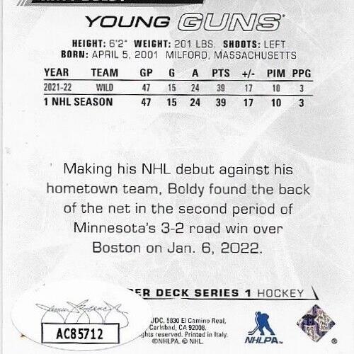 Autographed 2022-23 UD Minnesota Wild Matt Boldy Young Guns Rookie Card with JSA