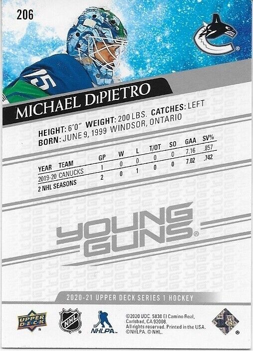 Autographed 2020-21 UD Vancouver Canucks Michael DiPietro Young Guns Rookie Card
