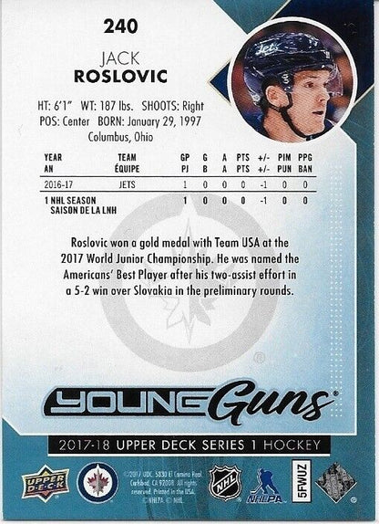 Autographed 2017-18 UD Winnipeg Jets Jack Roslovic Young Guns Rookie Card