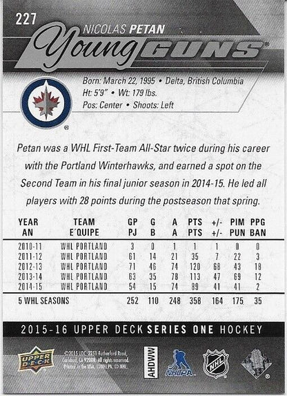 Autographed 2019-20 UD Winnipeg Jets Nicolas Petan Young Guns Rookie Card
