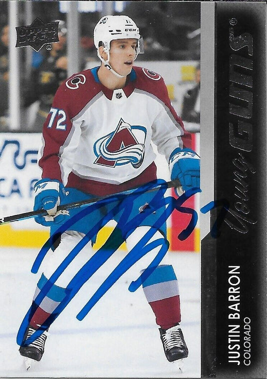 Autographed 2021-22 UD Colorado Avalanche Justin Barron Young Guns Rookie Card