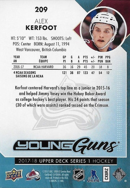 Carte de recrue Upper Deck Young Guns 2017-18 signée Alex Kerfoot Colorado Avalanche