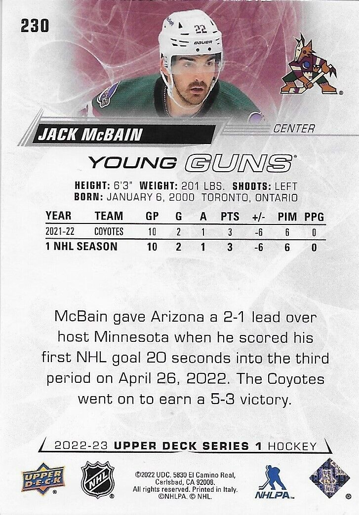 Carte de recrue Upper Deck Young Guns 2022-23 signée Jack McBain des Arizona Coyotes