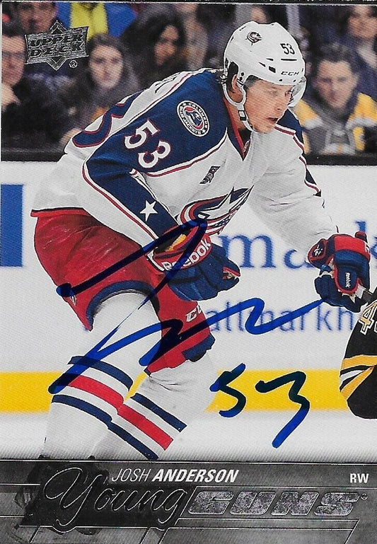 Carte recrue n° 1 signée Josh Anderson 2015-16 UD Columbus Blue Jackets Young Guns