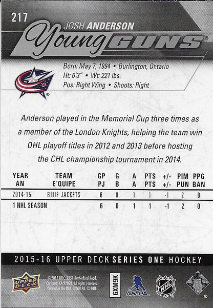 Carte recrue n° 1 signée Josh Anderson 2015-16 UD Columbus Blue Jackets Young Guns