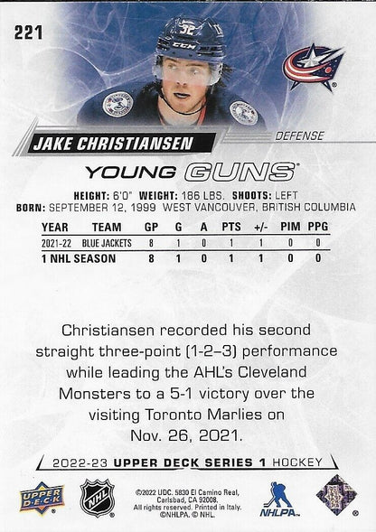 Carte de recrue Young Guns signée Jake Christiansen 2022-23 UD Columbus Blue Jackets