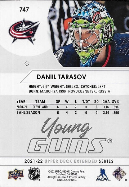 Carte de recrue Young Guns UD Columbus Blue Jackets 2021-22 signée Daniil Tarasov