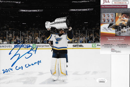 Photo 8x10 de la Coupe Stanley signée par Jake Allen des Blues de St. Louis, séance privée avec JSA