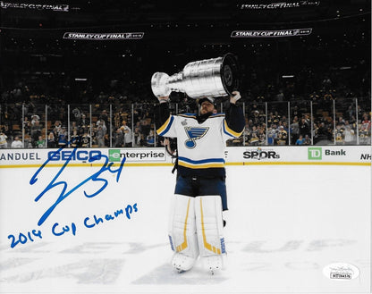Photo 8x10 de la Coupe Stanley signée par Jake Allen des Blues de St. Louis, séance privée avec JSA