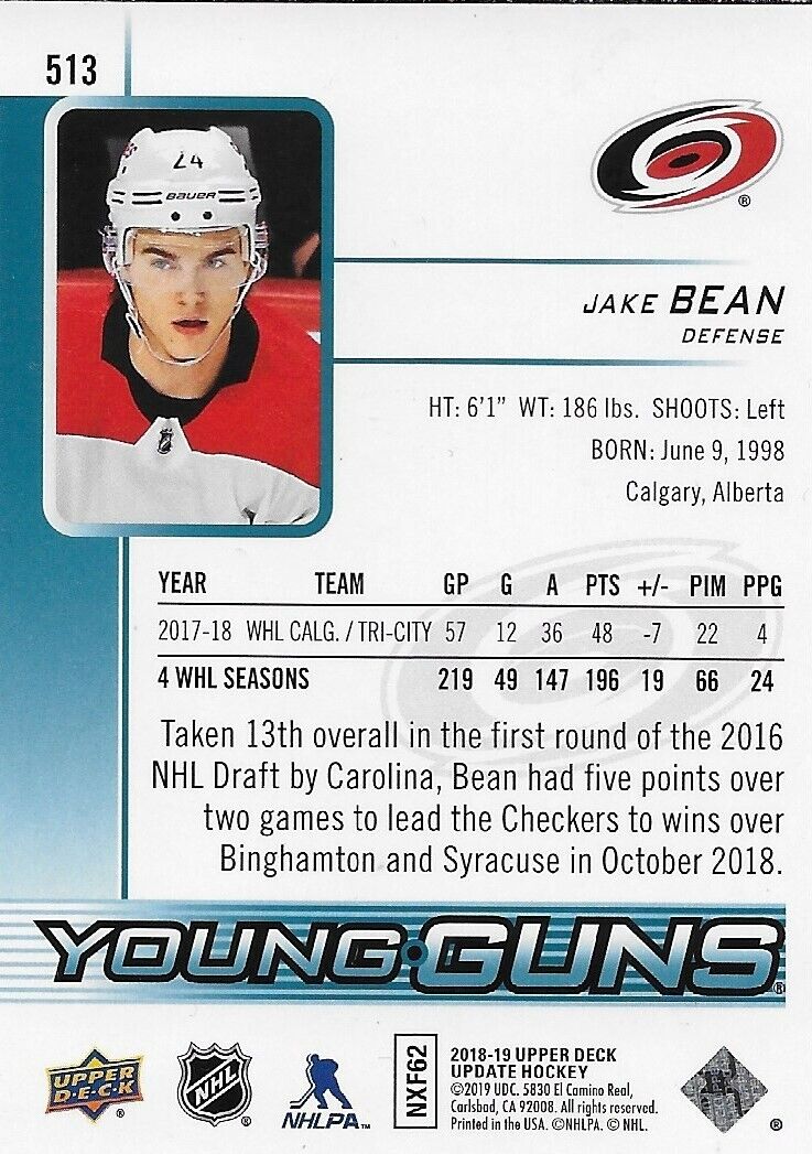 Carte de recrue signée Jake Bean des Hurricanes de la Caroline 2018-19 UD Young Guns